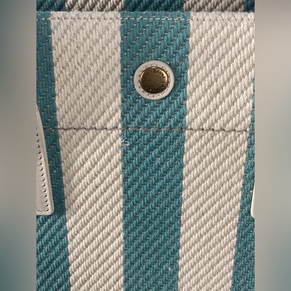 Saint Laurent * Linen Calfskin Striped Rive Gauche Tote Water Green - Picture 2 of 12